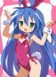 1girl :3 absurdres ahoge animal_ears armpits bare_shoulders blue_hair bow bowtie commentary contrapposto covered_navel cowboy_shot detached_collar dot_nose fake_animal_ears fake_tail flat_chest gluteal_fold green_eyes hair_between_eyes hands_up highres izumi_konata jitome leotard light_blush long_hair looking_at_viewer lucky_star mole mole_under_eye ogaoekaki open_mouth pink_background pink_bow pink_bowtie pink_leotard playboy_bunny rabbit_ears rabbit_tail sidelocks smile solo standing star_(symbol) straight_hair strapless strapless_leotard tail two-tone_background very_long_hair w_arms white_background white_wrist_cuffs wrist_cuffs