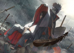 2boys akatsuki_(naruto) bag battlefield bird black_hair blood coat crow closed_eyes feathers forehead_protector headband high_collar hoshigaki_kisame huge_weapon katana male_focus multiple_boys nail_polish naruto_(series) naruto_shippuuden oba-min rain raven sandals sitting sleeping sword uchiha_itachi weapon