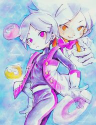Rule 34 | 2boys, absurdres, black pants, black shirt, bow, closed mouth, ex (puyopuyo), gloves, grey hair, highres, looking at viewer, male focus, multiple boys, orange eyes, painting (medium), pants, purple bow, purple eyes, puyo (puyopuyo), puyopuyo, puyopuyo tetris, reticulum, shirt, short hair, suspenders, tee (puyopuyo), traditional media, watercolor (medium), white gloves, white shirt