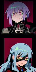 Rule 34 | 2girls, :3, amoris (bang dream!), bang dream!, bang dream! it&#039;s mygo!!!!!, black mask, black ribbon, blue brooch, blue hair, chinese commentary, commentary request, hair ribbon, highres, holding, holding mask, long hair, mask, masquerade mask, multiple girls, nervous sweating, oblivionis (bang dream!), pink eyes, purple hair, red brooch, red shirt, ribbon, shirt, short hair, sidelocks, sweat, togawa sakiko, unworn mask, xmyishipi, yellow eyes, yuutenji nyamu