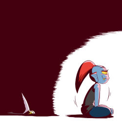 alphys barefoot black_tank_top blue_skin blush_stickers bon_(rump) colored_sclera colored_skin denim fins head_fins jeans lab_coat lotus_position monster_girl pants ponytail red_hair shadow sitting tail tank_top undertale undyne yellow_sclera