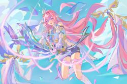 1girl arrow_(projectile) black_shorts blue_sky boots bow_(weapon) clothing_cutout cloud corset diamond-shaped_pupils diamond_(shape) elf elysia_(herrscher_of_human:_ego)_(honkai_impact) elysia_(honkai_impact) hashtag-only_commentary highres holding holding_arrow holding_bow_(weapon) holding_weapon honkai_(series) honkai_impact_3rd long_hair lucas_(lucasng29949052) open_mouth pink_hair pointy_ears purple_eyes shorts side_cutout sky solo symbol-shaped_pupils thigh_strap very_long_hair weapon white_boots white_corset