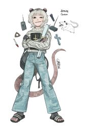 1girl animal backpack bag bible_(object) black_eyes book commentary cross crossed_legs denim english_commentary freckles full_body highres holding holding_book jeans latin_cross licking_lips looking_at_viewer monster_girl opossum original pants possum_ears possum_girl possum_tail sandals sharp_teeth short_hair simple_background solo sparrowl standing sweater teeth tongue tongue_out walkie-talkie white_background white_hair white_sweater