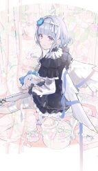 absurdres blue_flower bow colored_inner_hair feathers flower grey_hair grey_wings hairband highres leggings lotus low_wings multicolored_hair purple_eyes re:act timukai usuwa_suu virtual_youtuber white_bow white_feathers white_hairband white_leggings white_wings wings