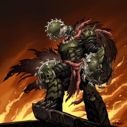 Rule 34 | 1boy, absurdres, armor, chainsaw devil, chainsaw man, doom: the dark ages, doom (series), doomguy, fiery background, fire, full armor, fusion, highres, organs, shield, solo, standing, the marahfa