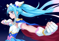 1girl blue_cape blue_dress blue_eyes blue_hair bow brooch cape clenched_hands commentary cure_sky cut_bangs detached_sleeves dress dress_bow earclip fingerless_gloves foreshortening gloves gradient_hair grin hair_ornament highres hirogaru_sky!_precure jewelry keshizumi_no_yudoufu long_hair magical_girl multicolored_hair petals pink_bow pink_hair precure puffy_detached_sleeves puffy_sleeves red_cape sidelocks sleeveless sleeveless_dress smile solo sora_harewataru streaked_hair twintails two-sided_cape two-sided_fabric two-tone_dress two-tone_hair very_long_hair white_dress white_gloves wind wing_brooch wing_hair_ornament