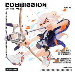 1girl archery artist_name autumn_leaves bike_shorts black_shorts blue_jacket bow_(weapon) closed_mouth commentary commission daami_(daami2000) falling_leaves grey_hair grey_shirt heterochromia highres holding holding_bow_(weapon) holding_weapon inkling inkling_girl inkling_player_character jacket leaf long_hair long_pointy_ears nintendo open_clothes open_jacket orange_eyes pointy_ears red_eyes shirt shoes shorts solo splatoon_(series) splatoon_3 symbol-only_commentary tri-stringer_(splatoon) twitter_username weapon white_shoes