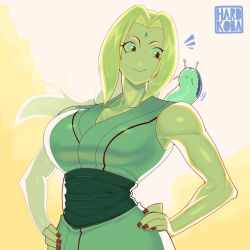 1girl artist_name backlighting blonde_hair breasts cleavage cowboy_shot facial_mark forehead_mark green_sash grey_robe hair_intakes hands_on_own_hips happy hardkoba head_tilt highres large_breasts long_hair looking_at_animal mature_female motion_lines muscular nail_polish naruto_(classic) naruto_(series) notice_lines parted_bangs ponytail red_nails robe sash shiny_skin slug smile solo toned toned_female tsunade_(naruto)