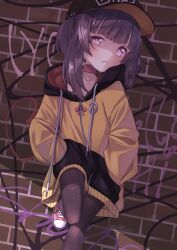 1girl absurdres against_wall baseball_cap black_hat black_pantyhose blunt_bangs brick_wall choker drawstring fallenshadow foot_out_of_frame frown hands_in_pockets hat highres hood hoodie indie_virtual_youtuber kiirokuma knot looking_at_viewer one_side_up pantyhose purple_eyes purple_hair red_choker red_shoes shoes sidelocks sneakers solo virtual_youtuber yellow_hoodie