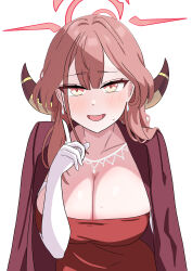 1girl absurdres aru_(blue_archive) aru_(dress)_(blue_archive) blue_archive blush breasts cleavage coat coat_on_shoulders commentary dress earrings elbow_gloves gloves halo highres horns jewelry large_breasts long_hair looking_at_viewer midang necklace official_alternate_costume red_dress red_halo simple_background solo white_background white_gloves