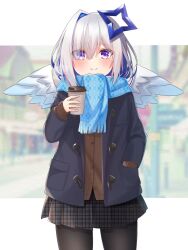 Rule 34 | 1girl, alternate costume, amane kanata, black jacket, black pantyhose, black skirt, blue hair, blue halo, blue scarf, blurry, blurry background, border, brown cardigan, cardigan, colored inner hair, commentary request, cup, disposable coffee cup, disposable cup, eyes visible through hair, feathered wings, gradient wings, grey hair, hair over one eye, halo, hand in pocket, highres, holding, holding cup, hololive, hoshino reiji, jacket, letterboxed, light blush, looking at viewer, multicolored hair, multicolored wings, open clothes, open jacket, outdoors, outside border, pantyhose, pink hair, plaid clothes, plaid skirt, pleated skirt, purple eyes, scarf, skirt, smile, solo, star halo, streaked hair, virtual youtuber, white border, wings
