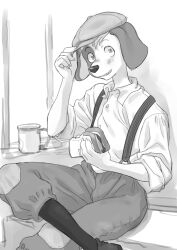 1boy adjusting_clothes adjusting_headwear beret body_fur claws commentary_request dog_boy figure_four_sitting food furry furry_male grin hat highres holding holding_food kikurage_(crayon_arts) looking_at_viewer male_focus original sandwich shirt short_hair sitting smile solo suspenders