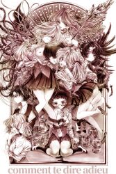 1boy 6+girls angel_wings arrow_(projectile) arrow_in_body ass asymmetrical_wings aya_carmine body_horror book braid breasts cigarette clothes_down collared_shirt expressionless feathers fetus french_text full_body glasses greyscale hair_ornament hair_ribbon hairclip highres hitomi_hirosuke_(sayonara_wo_oshiete) holding holding_book hug jar kneehighs lab_coat leaf_wings long_hair looking_at_viewer medium_breasts meguro_miyuki millipen_(medium) mismatched_wings monochrome multiple_girls necktie oomori_tonae open_mouth parted_lips pen_(medium) plant_wings pleated_skirt ribbon sayonara_wo_oshiete school_uniform shirt shoes short_hair side_braids sitting skirt smile smoking snake socks sugamo_mutsuki takada_nozomi takashima_semina tamachi_mahiru tendril tentacles thighhighs traditional_media twintails ueno_koyori uwabaki vest wariza wavy_hair wings