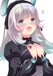 1girl absurdres blue_eyes blunt_bangs blush breasts chamber_dragonmaid dragon_girl dragon_horns duel_monster fangs hands_on_own_chest highres horns hrak0516 long_sleeves maid maid_headdress open_mouth puffy_long_sleeves puffy_sleeves simple_background solo sweat teeth upper_body upper_teeth_only white_background white_hair yu-gi-oh!