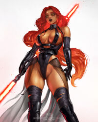 1girl alternate_costume blondynkitezgraja boots breasts cleavage colored_skin commentary curvy dc_comics elbow_gloves energy_sword english_commentary gloves green_eyes highres holding holding_weapon instagram_username large_breasts latex lightsaber long_hair orange_skin red_hair red_lightsaber sideboob star_wars starfire sword tamaranean teen_titans thigh_boots twitter_username weapon