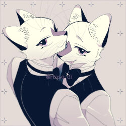 2boys babeldj body_fur brothers brown_background commentary_request fox_boy furry furry_male looking_at_viewer male_focus multiple_boys original purple_eyes shirt siblings tongue tongue_out twins upper_body vest whiskers