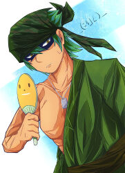 Rule 34 | 1boy, absurdres, bandana, beatmania iidx, bemani, camouflage bandana, commentary request, dog tags, duel (beatmania), dutch angle, green bandana, green hair, green kimono, hand fan, highres, japanese clothes, kimono, male focus, scar, scar on arm, shaded face, short hair, solo, upper body, wako63, yellow eyes