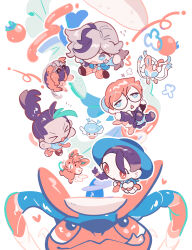 &gt;_&lt; 1boy 3girls :d :o absurdres arven_(pokemon) bread bright_pupils brown_hair chibi collared_shirt commentary_request flying_sweatdrops food freckles gen_6_pokemon glasses gogeyama hat highres juliana_(pokemon) koraidon loose_hair_strand mabosstiff multicolored_hair multiple_girls necktie nemona_(pokemon) nintendo notice_lines open_mouth orange_necktie orange_shorts pawmot penny_(pokemon) pokemon pokemon_(creature) pokemon_sv ponytail quaxly round_eyewear school_uniform shirt short_sleeves shorts smile sylveon two-tone_hair white_pupils