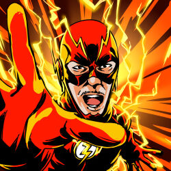1boy bodysuit commentary_request cosplay dc_comics electricity gloves highres looking_at_viewer male_focus open_mouth orange_background real_life red_bodysuit red_gloves smile solo superhero_costume the_flash the_flash_(cosplay) ukiwagirl upper_body you_the_rock