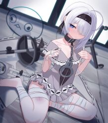 1girl ahoge bandaged_arm bandaged_leg bandages barefoot bebetang black_hairband black_survival blue_eyes bruise bruise_on_leg chain closed_mouth collar collarbone cuffs dress eternal_return:_black_survival eyepatch grey_dress grey_hair hair_over_one_eye hairband highres injury long_bangs looking_at_viewer medical_eyepatch medium_hair sissela_kyle sitting solo