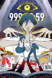 1boy 2girls absurdres agohige_x blue_eyes blue_hair book closed_mouth collared_shirt commentary_request cone_hair_bun countdown_timer disembodied_eye double_bun eye_of_providence frilled_shirt frilled_sleeves frills fukurai_azami hair_between_eyes hair_bun half-closed_eye hands_on_own_cheeks hands_on_own_face highres jasmine_(toshi_densetsu_kaitai_center) long_sleeves looking_at_viewer meguriya_ayumu multiple_girls open_book open_mouth outline own_hands_clasped own_hands_together shirt short_hair smile standing toshi_densetsu_kaitai_center triangle_hands triangle_necklace uneven_eyes upper_body white_shirt yellow_outline
