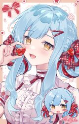 Rule 34 | 1girl, :d, absurdres, artist name, bad source, bang dream!, bang dream! it&#039;s mygo!!!!!, blue hair, blush, bow, braid, breasts, center frills, chibi, food, food-themed hair ornament, food print, frilled shirt, frills, fruit, fruit print, hair bow, hair ornament, hair rings, hairclip, heart, highres, holding, holding food, holding fruit, long hair, looking at viewer, medium breasts, mizaoxian zongzi, multiple views, open mouth, polka dot, puffy short sleeves, puffy sleeves, red bow, red ribbon, ribbon, shirt, short sleeves, sidelocks, signature, smile, solo focus, strawberry, strawberry hair ornament, strawberry print, sweets paradise, togawa sakiko, togawa sakiko (sweets paradise), upper body, white shirt, yellow eyes
