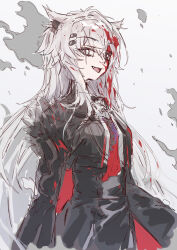 1girl :d absurdres animal_ear_fluff animal_ears arknights black_jacket black_skirt blood blood_in_hair blood_on_clothes blood_on_face breasts commentary_request fang grey_background grey_eyes grey_hair hair_between_eyes hair_ornament hairclip high-waist_skirt highres jacket lappland_(arknights) lappland_the_decadenza_(arknights) long_sleeves looking_at_viewer medium_breasts open_clothes open_jacket open_mouth sao7 shirt sketch skirt smile solo white_shirt