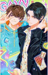 2boys absurdres arm_around_shoulder black_hair black_jacket blue_hoodie brown_hair candy chocodan_(brown_chocolate) chocolate chocolate_bar chromatic_aberration commentary doumaru floral_print_shirt food fuwamallow gochizo gummy_bear hashtag-only_commentary highres hood hoodie inoue_shouma jacket kamen_rider kamen_rider_gavv_(series) karakida_hanto long_sleeves looking_at_viewer male_focus mao_626 multiple_boys parted_bangs popping_gummy purple_eyes red_eyes short_hair symbol-only_commentary tokusatsu upper_body v v_over_eye zakuzaku_chips