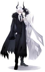 1boy 1girl absurdres artist_name black_cape black_coat black_gloves black_hair black_jacket black_necktie black_pants cape cloak closed_eyes closed_mouth coat collared_shirt dress etihw_(funamusea) formal_clothes full_body funamusea fur-trimmed_coat fur_trim gloves haiiro_teien hair_between_eyes hand_in_pocket highres hood horns jacket kcalb_(funamusea) long_sleeves looking_at_another necktie pants shirt shoes short_hair signature simple_background smile standing suit watermark white_background white_dress white_hair white_shirt xi_yuu