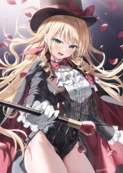 1girl black_hat blonde_hair bow bowtie center_frills curly_hair floating_hair frills gloves green_eyes hat highres holding long_hair long_sleeves looking_at_viewer no_panties open_mouth original red_bow red_bowtie smile solo standing tongue top_hat twintails white_gloves yana_mori