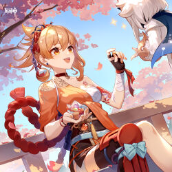 2girls absurdres bandaged_arm bandages black_thighhighs blonde_hair chest_sarashi chest_tattoo genshin_impact hand_up hand_wraps highres holding japanese_clothes looking_at_another medium_hair multiple_girls official_art open_mouth outdoors paimon_(genshin_impact) sarashi short_sleeves single_bare_shoulder single_sleeve single_thighhigh sitting smile tattoo teeth thighhighs upper_teeth_only vision_(genshin_impact) white_hair yoimiya_(genshin_impact)