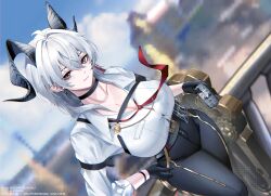 1girl armband artist_name bags_under_eyes beer_can black_armband black_eyes black_gloves black_horns black_pants blurry blurry_background breasts button_gap can character_name chest_harness cleavage closed_mouth collarbone commentary copyright_name curled_horns dated drink_can earrings english_commentary gloves grey_hair hair_between_eyes hand_on_own_hip harness high-waist_pants highres holding holding_can horns jewelry key_earrings large_breasts long_hair looking_at_viewer mole mole_under_eye muhammaddeny multicolored_eyes necktie no_jacket pants red_eyes red_necktie shield shirt solo tight_clothes tight_pants two-tone_eyes white_shirt wuthering_waves zani_(wuthering_waves)