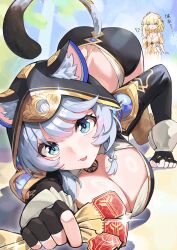 2girls absurdres aglaea_(honkai:_star_rail) all_fours animal_ears animal_hood ass black_gloves black_shorts blonde_hair blue_eyes breasts cat_ears cat_girl cat_hood cat_tail cipher_(honkai:_star_rail) cleavage closed_eyes commentary_request dress fingerless_gloves gloves highres holding holding_ticket honkai:_star_rail honkai_(series) hood large_breasts multiple_girls shio05_(05_sio) short_shorts shorts star_rail_special_pass_(honkai:_star_rail) tail ticket translation_request white_dress
