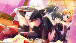 2girls accident angel_mort artist_request ass ass_focus asuka_(senran_kagura) between_breasts black_collar black_hair black_leotard black_thighhighs blue_eyes booth_seating breasts cake cake_slice collar crossover detached_collar face_between_breasts food food_on_body food_on_breasts food_on_face food_on_head fruit game_cg glass hair_ribbon head_between_breasts highres higurashi_no_naku_koro_ni higurashi_no_naku_koro_ni_mei ice icing indoors large_breasts leotard long_sleeves looking_at_another medium_hair multiple_girls non-web_source object_on_head official_art on_floor open_mouth orange_hair ponytail ribbon ryuuguu_rena senran_kagura sparkle spill strawberry strawberry_cake sweatdrop thighhighs white_ribbon