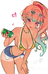 1girl ark_evil02 artist_name bangle bead_necklace beads bikini bikini_tan blue_shorts bracelet breasts can cleavage colored_tips denim denim_shorts drink_can earrings eyewear_on_head green_hair green_nails hair_ornament hair_scrunchie hand_on_own_thigh heart highres holding holding_can hololive hololive_english huge_breasts jewelry leaning_forward long_hair looking_at_viewer micro_shorts multicolored_hair nail_polish necklace open_mouth orange_hair patreon_username ponytail purple_eyes red_scrunchie scrunchie short_shorts shorts smile soda_can solo sunglasses swimsuit takanashi_kiara tan tanline thighs virtual_youtuber yellow_bikini
