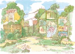 abandoned absurdres blue_sky building cloud dated day dilapidated glico_man highres moss no_humans original osaka_(city) outdoors overgrown painting_(medium) post-apocalypse scenery sign signature sky tokyogenso traditional_media tree watercolor_(medium)