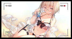 1girl beach bikini bikini_bottom_only black_bikini brown_eyes can closed_mouth female_focus fingernails fringe_trim hair_between_eyes hairband hand_up highleg highleg_bikini holding holding_can layered_bikini light_brown_hair looking_at_viewer navel original recording sand saru scrunchie see-through_clothes shawl short_hair smile solo swimsuit viewfinder white_bikini white_hairband white_scrunchie wrist_scrunchie