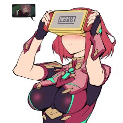1girl arms_up black_gloves blush bob_cut bodysuit breasts chest_jewel closed_mouth fingerless_gloves frown gloves haoni head-mounted_display holding impossible_bodysuit impossible_clothes joy-con large_breasts meta nintendo_labo nintendo_switch pyra_(xenoblade) red_hair short_hair short_sleeves simple_background swept_bangs upper_body white_background xenoblade_chronicles_(series) xenoblade_chronicles_2