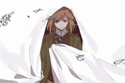 Rule 34 | 1boy, black vest, brown hair, brown pants, chinese commentary, cloak, closed mouth, collared shirt, commentary request, film grain, fuyuasa, green jacket, harada mutei, jacket, long sleeves, male focus, medium hair, open clothes, open jacket, pants, red eyes, saibou shinkyoku, sanpaku, shirt, solo, swept bangs, translation request, upper body, vest, white background, white cloak, white shirt