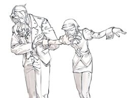 1boy 1girl ace_attorney arm_behind_back ascot bad_tag closed_eyes closed_mouth commentary_request feet_out_of_frame formal_clothes franziska_von_karma greyscale highres jacket juliet_sleeves korean_commentary long_sleeves miles_edgeworth mole monochrome outstretched_arms pants pencil_skirt puffy_sleeves setuldo short_hair simple_background sketch skirt sleeve_cuffs spread_arms suit white_background