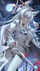 1girl akira_(blue_archive) animal_ears bag belt blue_archive building cat_ears city city_lights fall_(5754478) full_moon gun highres holding holding_gun holding_mask holding_weapon lipstick looking_at_viewer makeup mask moon night night_sky outdoors pants red_eyes shirt sky skyscraper smile solo trigger_discipline unworn_mask waist_bag weapon white_hair white_pants white_shirt