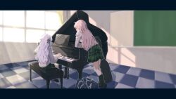 2girls bag bang_dream! bang_dream!_it&#039;s_mygo!!!!! black_ribbon black_socks chalkboard chihaya_anon day grand_piano green_skirt grey_jacket hair_ribbon hanemi haneoka_school_uniform indoors instrument jacket letterboxed light_particles long_hair long_sleeves multiple_girls music piano pink_hair plaid_clothes plaid_skirt playing_instrument playing_piano pleated_skirt purple_hair ribbon school_bag school_uniform sitting skirt socks tile_floor tiles togawa_sakiko two_side_up window