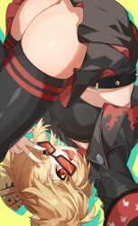 1girl ass black_jacket blonde_hair burnice_white chawarabi highres jacket one_eye_closed open_mouth red-tinted_eyewear red_eyes skirt solo spiked_jacket sunglasses thick_thighs thighs tinted_eyewear upside-down v zenless_zone_zero