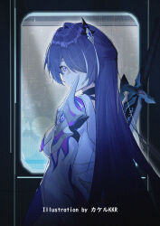 1girl acheron_(honkai:_star_rail) armor artist_name breasts closed_mouth commentary_request from_behind hair_ornament highres holding holding_sword holding_weapon honkai:_star_rail honkai_(series) katana large_breasts long_hair looking_at_viewer looking_back multicolored_hair purple_eyes purple_hair shoulder_armor solo srpzk streaked_hair sword train_interior upper_body very_long_hair weapon
