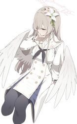 1girl black_neckerchief black_pantyhose blue_archive braid brown_eyes brown_hair closed_mouth commentary cropped_legs crown_braid dress feathered_wings flower hair_flower hair_ornament half-closed_eyes halo highres layered_sleeves long_hair long_sleeves nagisa_(blue_archive) neckerchief pantyhose pink_flower puffy_long_sleeves puffy_sleeves sailor_collar shiwa_(siwaa0419) short_over_long_sleeves short_sleeves simple_background solo symbol-only_commentary very_long_hair white_background white_dress white_flower white_sailor_collar white_wings wings