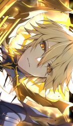 Rule 34 | 1boy, absurdres, alternate form, black shirt, blonde hair, commentary, cracked skin, hair between eyes, halo, halo behind head, highres, honkai: star rail, honkai (series), looking at viewer, male focus, material growth, moderate gold, phainon (honkai: star rail), shirt, short hair, sideways, solo, symbol-only commentary, torn clothes, torn shirt, yellow eyes