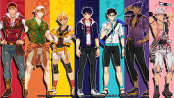2022 6+boys absurdres ace_anderson artist_collaboration avan_geiserford backwards_hat baseball_cap black_hair black_pants black_tank_top blonde_hair blue_hoodie bryce_callahan bulge clothes_around_waist collared_shirt color_coordination column_lineup copyright_name copyright_notice dark-skinned_male dark_skin denim derek_kingsfield full_body green_shirt hat highres hood hoodie jacket jacket_around_waist jeans jock_studio_(blits_games) large_pectorals leo_mendez_(jock_studio) lineup logo looking_at_viewer male_focus mikkoukun multicolored_background multiple_boys muscular muscular_male nakajima_yuuto official_art orange_hair outline pants pectoral_cleavage pectorals pink_tank_top purple_hair purple_shirt red_hair sandals shirt shorts sidepec tank_top torn_clothes torn_pants white_hair white_outline white_shorts zamius zayne_alexander