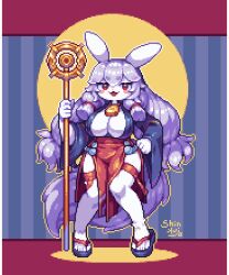 Rule 34 | 1girl, animal ears, bell, blush stickers, breasts, character request, check copyright, cleavage, colored skin, commentary request, copyright request, curvy, full body, geta, giant ojou-sama, hand on own hip, holding, holding staff, jewelry, large breasts, long hair, neck bell, open mouth, pelvic curtain, pixel art, purple hair, rabbit ears, rabbit girl, red eyes, shinku castle, signature, simple background, solo, staff, thighlet, very long hair, white skin
