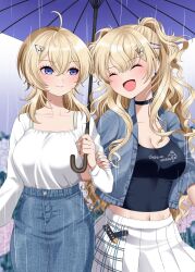 2girls ahoge black_shirt blonde_hair blue_eyes blue_jacket blue_skirt breasts choker cleavage closed_eyes closed_mouth clothes_writing commentary cowboy_shot denim denim_jacket denim_skirt hair_between_eyes hair_ornament hairclip highres holding holding_umbrella jacket kantai_collection large_breasts long_hair long_sleeves midriff minneapolis_(kancolle) minneapolis_(rainy_season)_(kancolle) multiple_girls navel official_alternate_costume open_clothes open_mouth plaid_clothes pleated_skirt shared_umbrella shirt skirt smile symbol-only_commentary tuscaloosa_(kancolle) tuscaloosa_(rainy_season)_(kancolle) two_side_up umbrella white_shirt white_skirt yomogi_dango