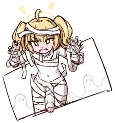 1futa ahoge bandaged_arm bandaged_head bandaged_leg bandages blonde_hair blue_archive blush erection fangs flat_chest foreskin futanari halo hands_up liveactors long_hair looking_at_viewer naked_bandage navel open_mouth penis phimosis precum solo white_background yellow_eyes yellow_halo yoshimi_(blue_archive) yoshimi_(halloween)_(blue_archive)